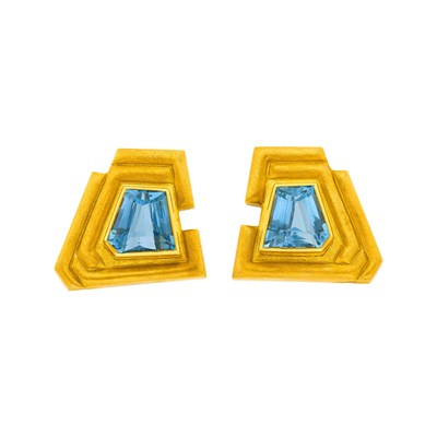 Lot 1127 - Burle Marx Pair of Gold and Blue Topaz Earclips