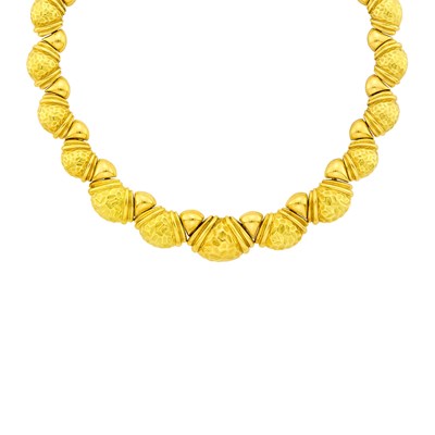 Lot 1218 - Hammerman Brothers Hammered Gold Link Necklace, Bracelet and Pair of Door Knocker Earclips