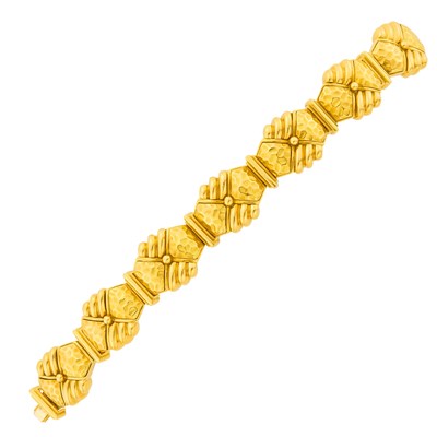 Lot 1218 - Hammerman Brothers Hammered Gold Link Necklace, Bracelet and Pair of Door Knocker Earclips