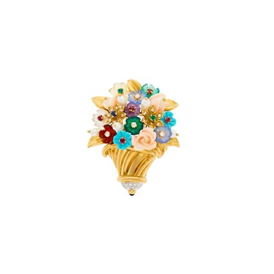 Lot 2073 - Gold, Colored Stone and Diamond Flower Bouquet Clip-Brooch