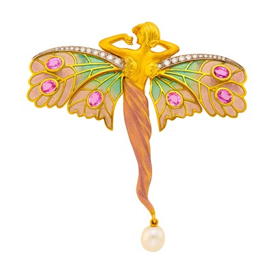 Lot 62 - Masriera Gold, Plique-à-Jour Enamel, Enamel, Diamond, Pink Sapphire and Cultured Pearl Fairy Pendant-Brooch