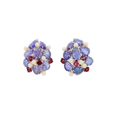 Lot 2148 - Pair of White Gold, Carved Tanzanite, Pink Tourmaline and Cultured Pearl Earclips
