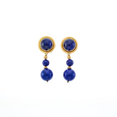 Lot 2094 - Pair of Gold and Lapis Pendant-Earclips
