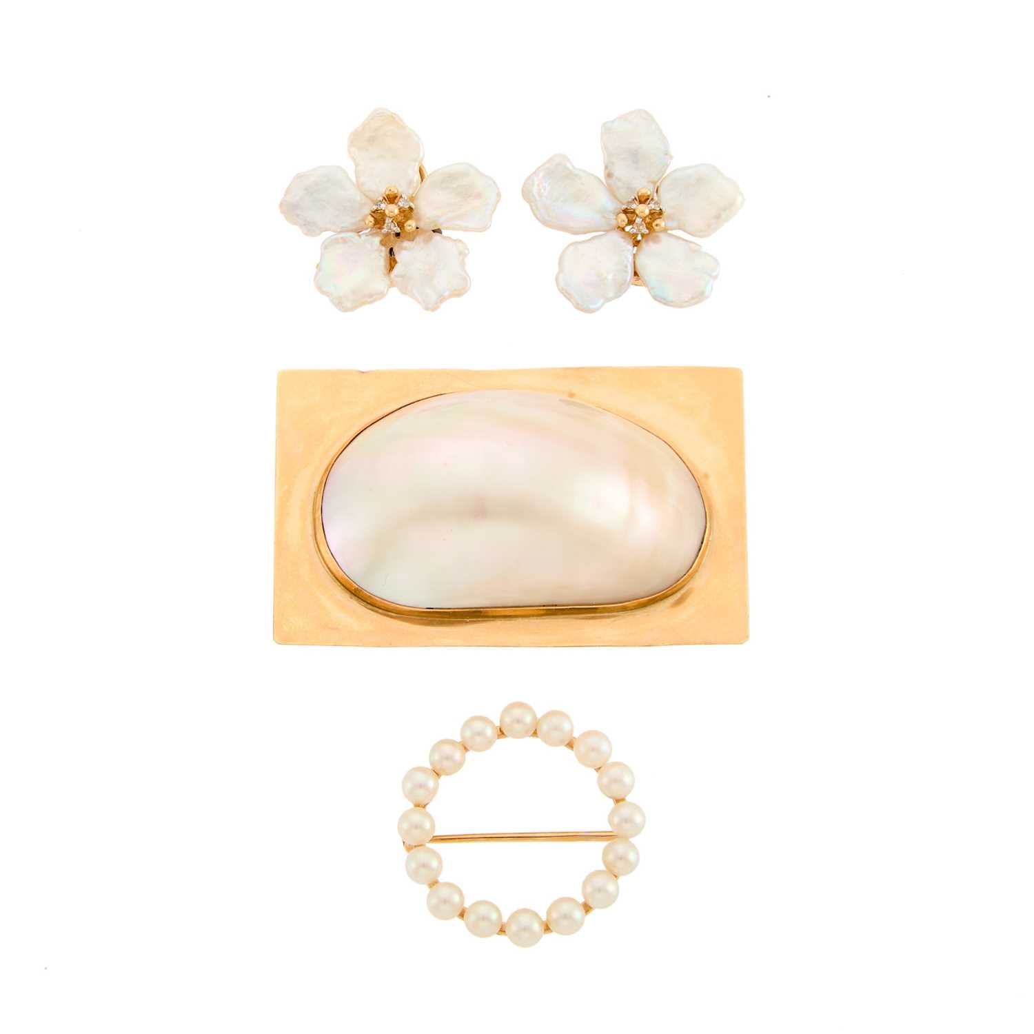 Lot 2265 - Gold and Mabé Pearl Pendnat-Brooch, Pair of Freshwater Pearl and Diamond Flower Earclips and Cultured Pearl Circle Pin