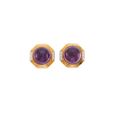Lot 2088 - Pair of Two-Color Gold, Cabochon Amethyst and Diamond Earclips