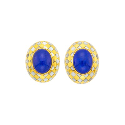 Lot 43 - Angela Cummings Pair of Gold, Lapis and Mother-of-Pearl Earclips