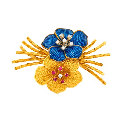 Lot 1147 - Cartier Gold, Blue Enamel, Diamond and Ruby Flower Brooch