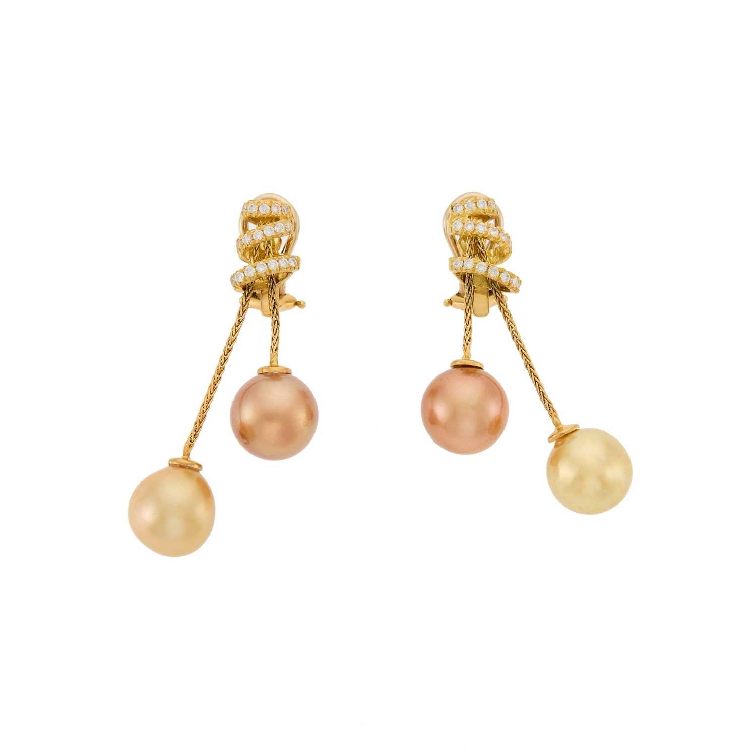 Lot 2337 - Pair of Gold, Golden Cultured Pearl and Diamond Pendant-Earclips