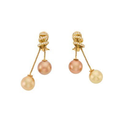 Lot 2337 - Pair of Gold, Golden Cultured Pearl and Diamond Pendant-Earclips