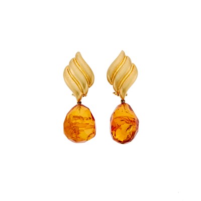 Lot 2327 - Pair of Gold and Amber Pendant-Earclips