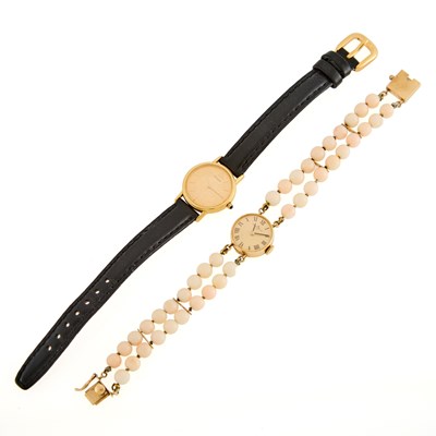 Lot 2173 - Baume & Mercier Double Strand Gold and Angel Skin Coral Bead Bracelet-Watch and Credor Gold Wristwatch