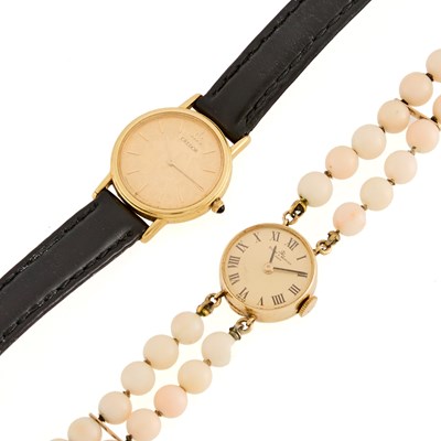 Lot 2173 - Baume & Mercier Double Strand Gold and Angel Skin Coral Bead Bracelet-Watch and Credor Gold Wristwatch