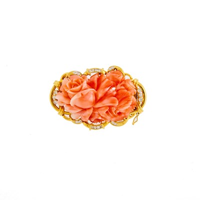 Lot 2069 - Gold and Carved Coral and Diamond Brooch