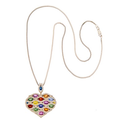 Lot 2149 - White Gold, Multicolored Sapphire and Diamond Heart Pendant, France, with Chain Necklace