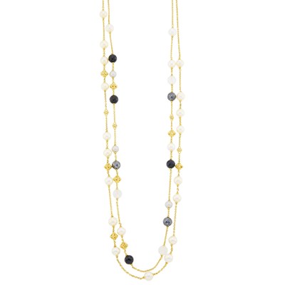Lot 1200 - Judith Ripka Two Long Gold, Multicolored Freshwater Pearl, Black Onyx, Hematite and Rock Crystal Bead and Diamond Chain Necklaces