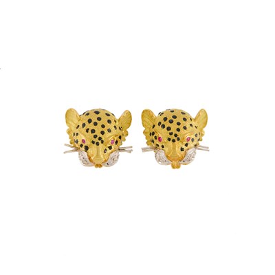 Lot 2024 - Pair of Two-Color Gold Enamel and Diamond Leopard Head Pins