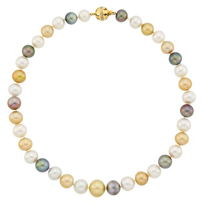 Lot 1215 - Multicolored South Sea Cultured Pearl Necklace with Gold and Diamond Clasp