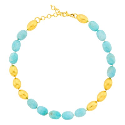 Lot 1137 - Gurhan Hammered Gold and Amazonite Bead Necklace