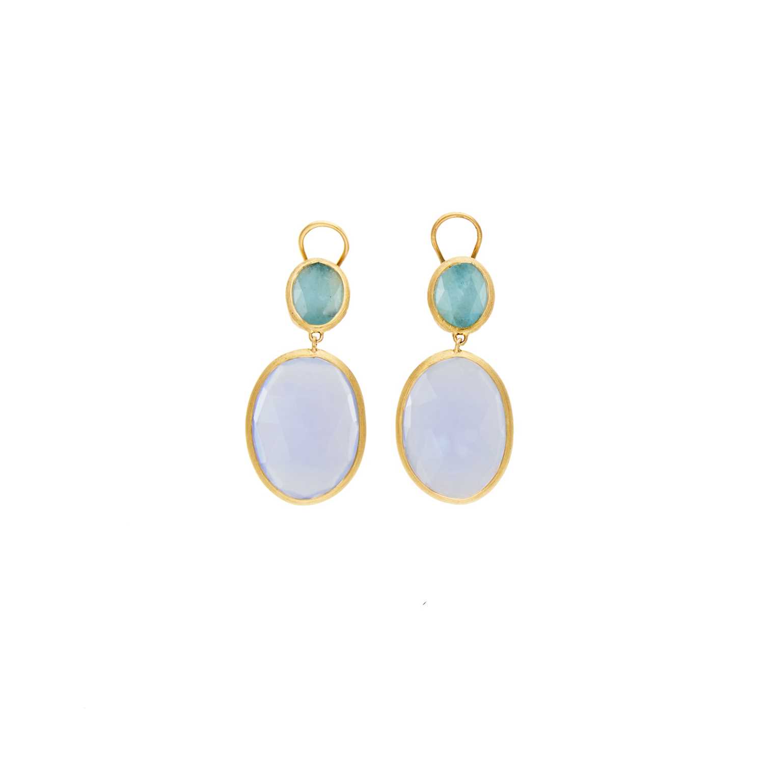 Lot 2261 - Pair of Gold, Chalcedony and Aquamarine Earclips