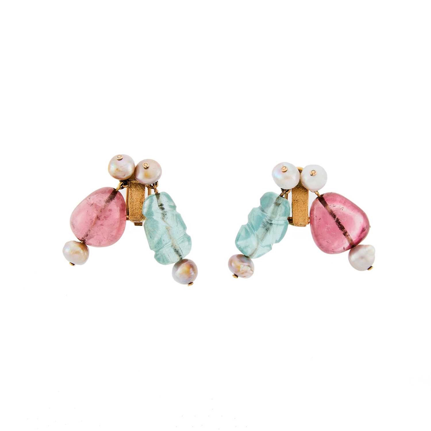 Lot 2237 - Pair of Gold, Tumbled Pink Tourmaline, Carved Aquamarine and Freshwater Pearl Pendant-Earclips