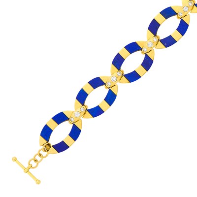 Lot 1206 - Gold, Lapis and Diamond Link Bracelet with Toggle Clasp