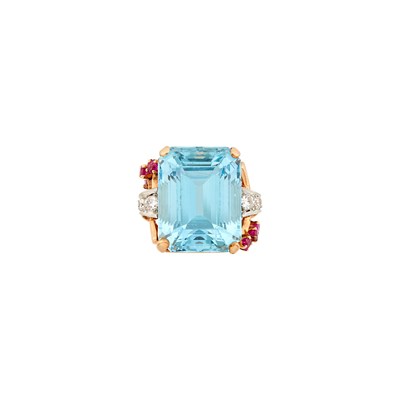 Lot 22 - Rose Gold, Platinum, Aquamarine, Ruby and Diamond Ring