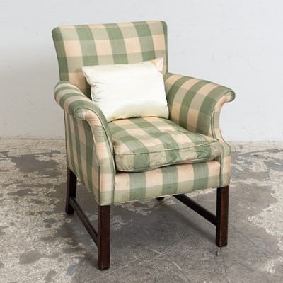 Lot 291 - George III Style Green and White Plaid Upholstered Armchair