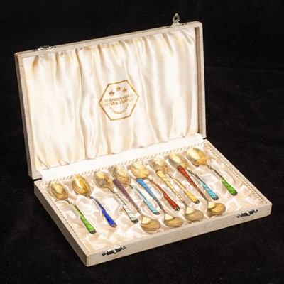 Lot 275 - Set of Twelve Continental Silver and Enamel Demitasse Spoons