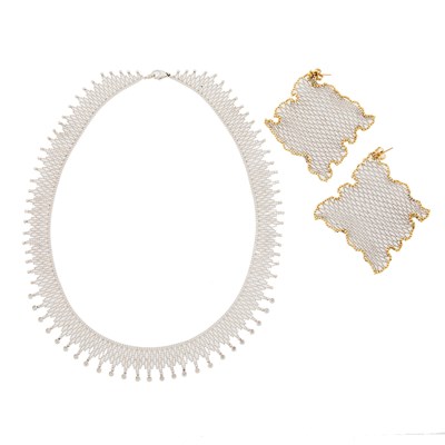 Lot 2171 - Attributed to Christian Tse White Gold and Diamond Fringe Mesh Necklace and Pair of Two-Color Gold Mesh Pendant-Earrings