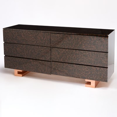 Lot 392 - Faux Tortoiseshell and Copper Lacquered Long Chest of Drawers