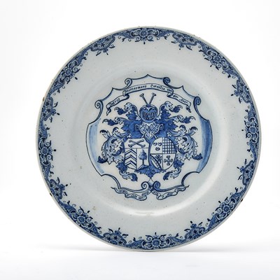 Lot 261 - Dutch Delft Blue and White Faience Double Armorial Marriage Plate
