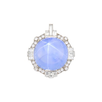 Lot 266 - Platinum, Star Sapphire and Diamond Pendant-Brooch