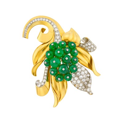 Lot 237 - Trabert & Hoeffer, Mauboussin Gold, Platinum, Emerald Bead and Diamond Clip-Brooch