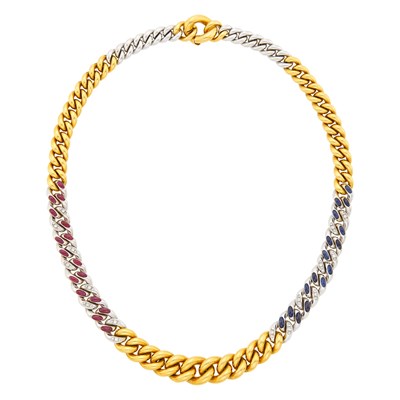 Lot 16 - Pomellato Reversible Two-Color Gold, Cabochon Ruby and Sapphire and Diamond Curb Link Necklace