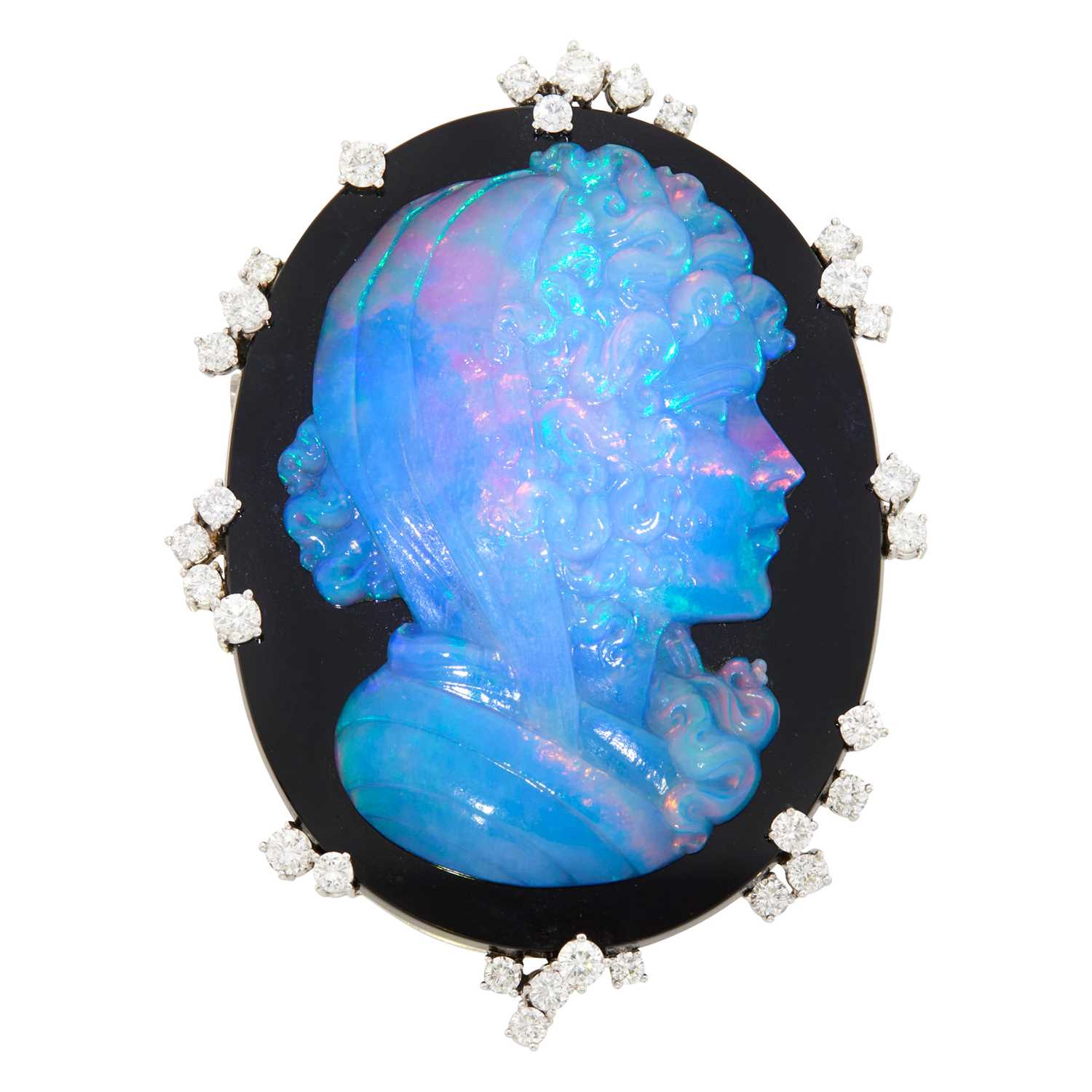 Lot 1117 - White Gold, Carved Opal, Black Onyx and Diamond Pendant-Brooch