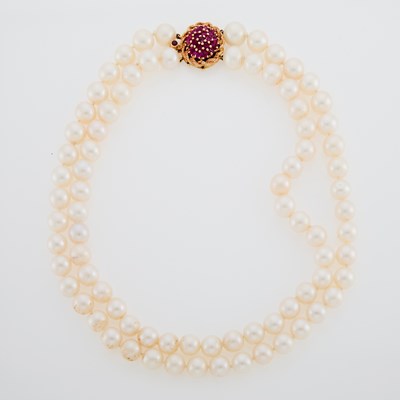 Lot 1182 - Double Strand Freshwater Pearl Necklace with Gold and Ruby Clasp