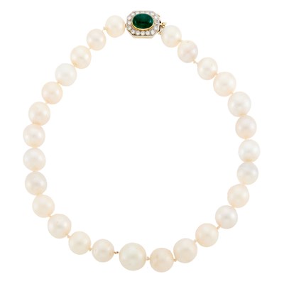 Lot 1187 - South Sea Cultured Pearl Necklace with White Gold, Cabochon Emerald and Diamond Clasp
