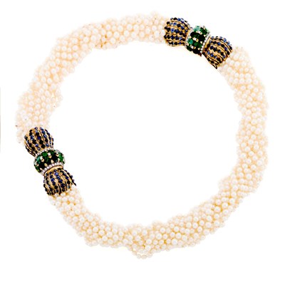 Lot 1184 - Gold, Eleven Strand Cultured Pearl, Cabochon Sapphire, Emerald and Diamond Necklace/Bracelet Combination