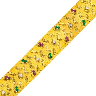 Lot 233 - Gold, Emerald, Ruby and Diamond Bracelet, France