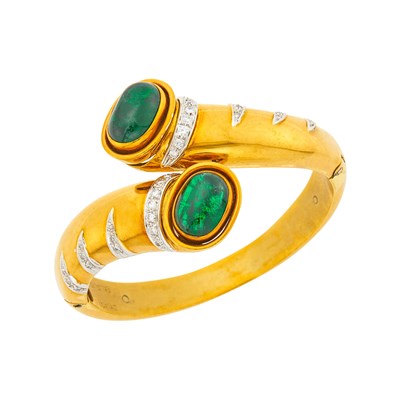 Lot 2008 - Two-Color Gold, Cabochon Emerald and Diamond Crossover Bangle Bracelet