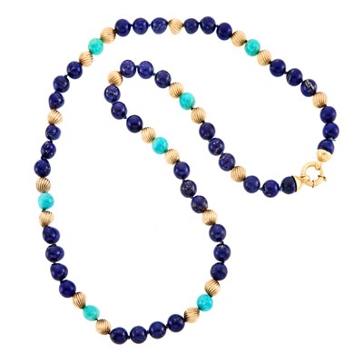 Lot 1174 - Gold, Lapis and Amazonite Bead Necklace