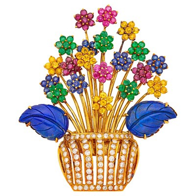 Lot 1044 - Gold, Diamond, Multicolored Stone and Carved Lapis Flower Vase Clip-Brooch
