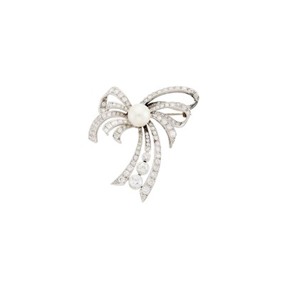 Lot 1168 - White Gold, Platinum, Cultured Pearl and Diamond Bow Brooch, France