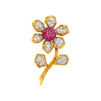 Lot 2101 - Two-Color Gold, Ruby and Diamond Flower Brooch