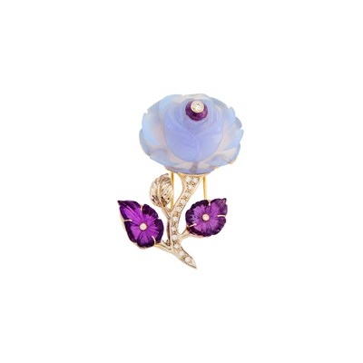 Lot 1173 - White Gold, Carved Blue Chalcedony and Amethyst and Diamond Rose Clip-Brooch