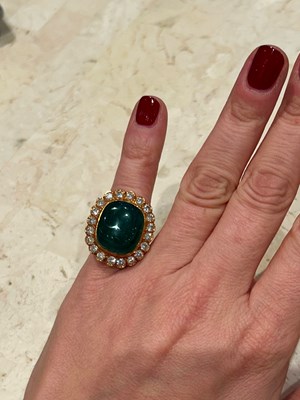 Lot 1186 - Gold, Cabochon Emerald and Diamond Ring