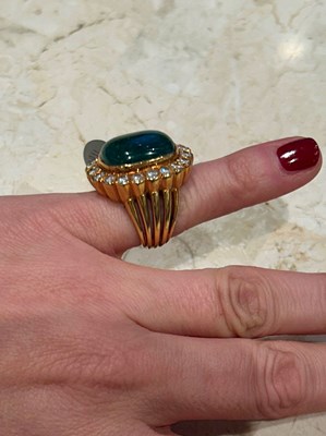 Lot 1186 - Gold, Cabochon Emerald and Diamond Ring