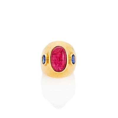 Lot 1189 - Gold, Cabochon Pink Tourmaline and Sapphire Dome Ring