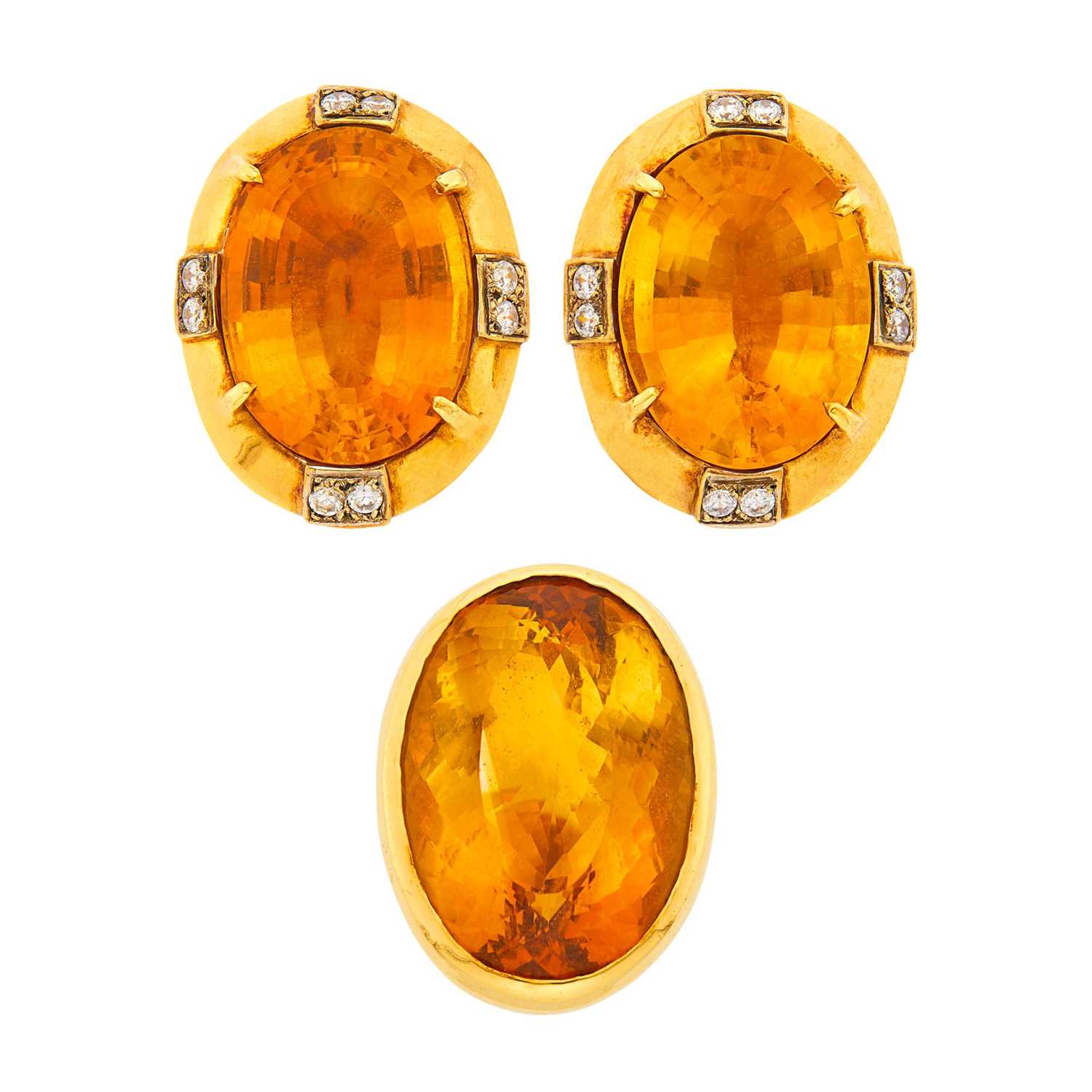 Lot 2243 - Gold and Citrine Ring and Pair of Gold, Citrine and Diamond Earclips