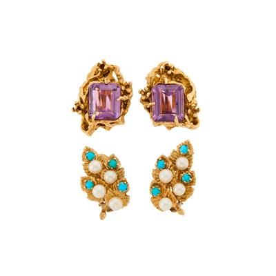 Lot 1192 - Pair of Gold and Amethyst Earclips and Gold, Cultured Pearl and Turquoise Leaf Earclips